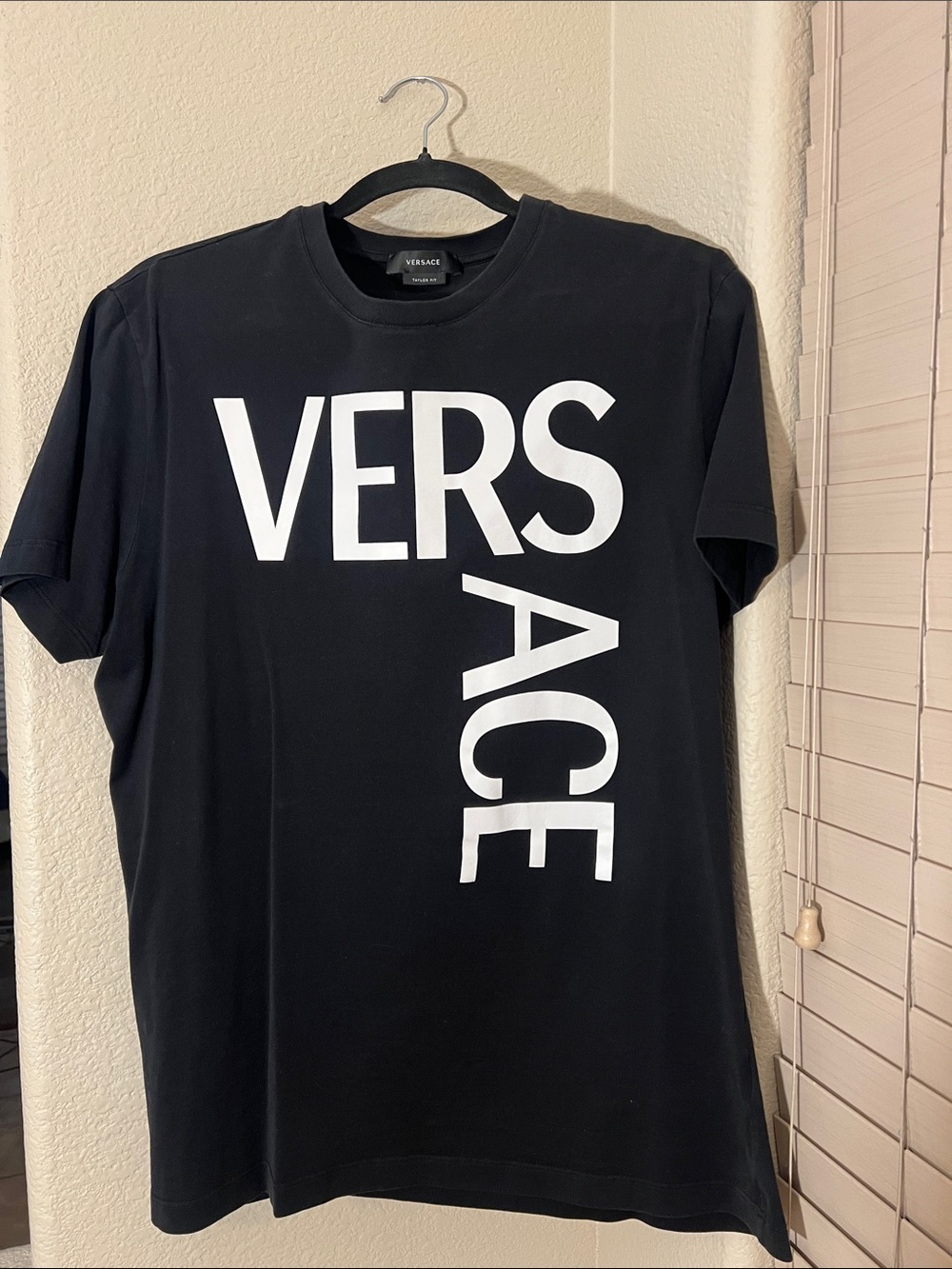 Versace Black T-Shirt with Bold White Vertical Logo